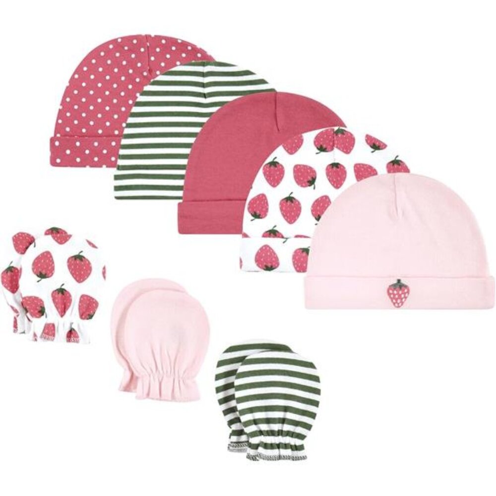 Baby Strawberry Pink Unisex Baby‎ Cotton Cap and Scratch Mitten Set for Girls